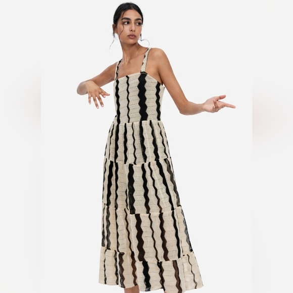 NWT Zara Black Natural Crochet Knit Chevron Stripe Tiered Midi Dress Size S - Picture 11 of 13